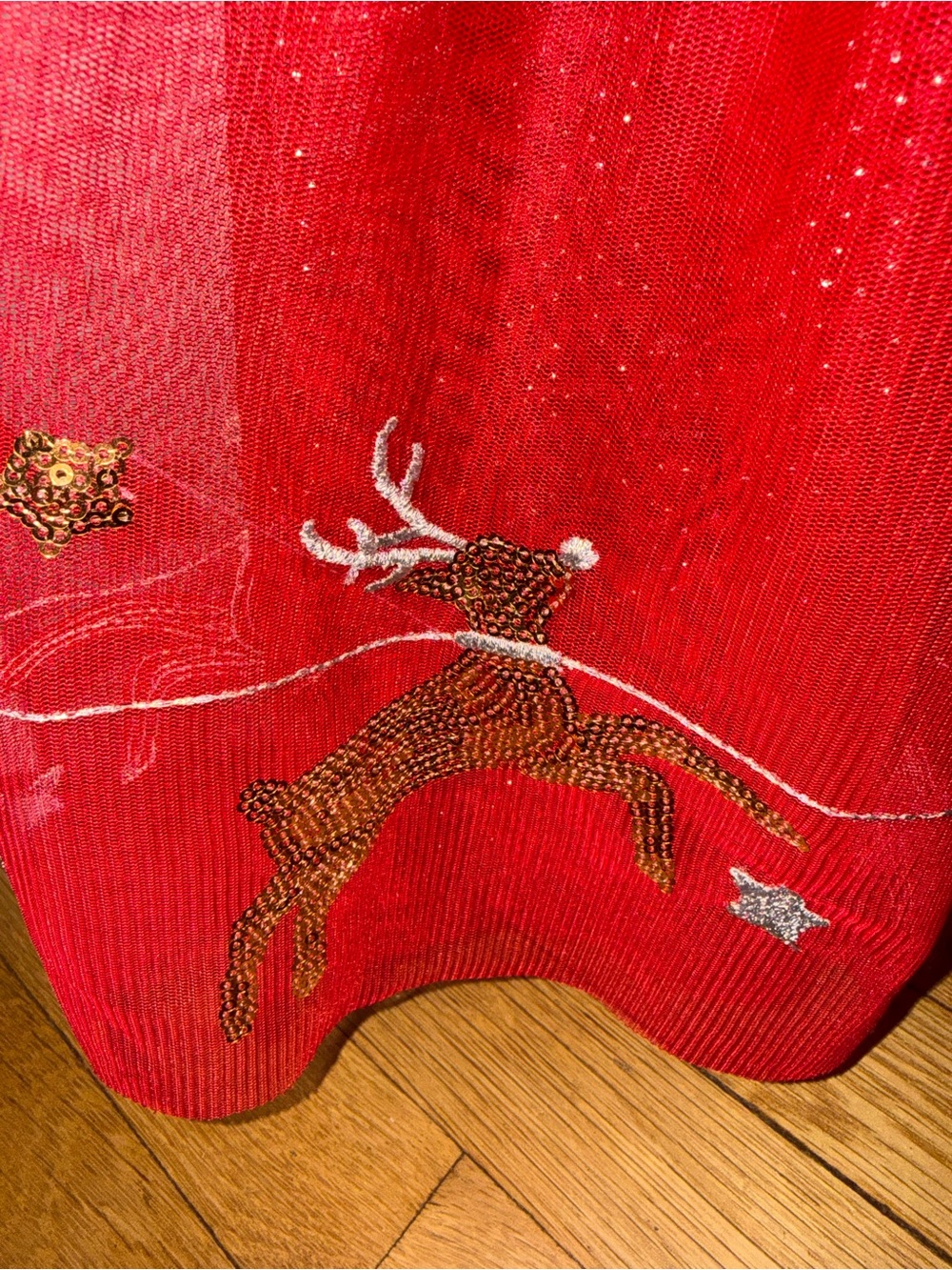 Zunie Red Glitter Tulle Smocked Christmas Parry Dress with Reindeer Sequins - Picture 2 of 4
